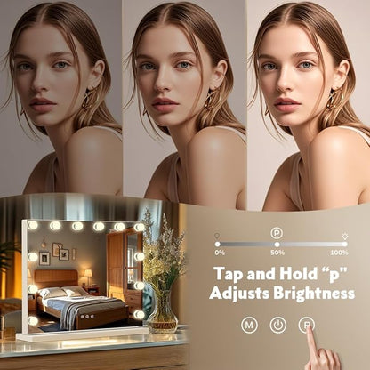 M MIVONDA Vanity Mirror with Lights, Lighted Makeup Hollywood Mirror with Dimmable 3 Color Lights LED Bulbs for Desk and Wall, Mirrors with Plug-in and USB Charger for Bedroom