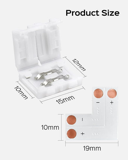 JACKYLED 10mm 2-Pin LED Strip Connectors for LED Strip Lights, Total 22Pcs Corner Connectors Kit for Unwired Gapless Solderless Adapter Extension - 10mm 2pin 10 Pack