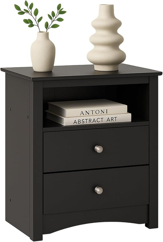 Prepac Sonoma 2 Drawer Nightstand: Elegant Bedroom Furniture, Bedside Table with Open Shelf, 23.25"W x 16"D x 28"H, Black