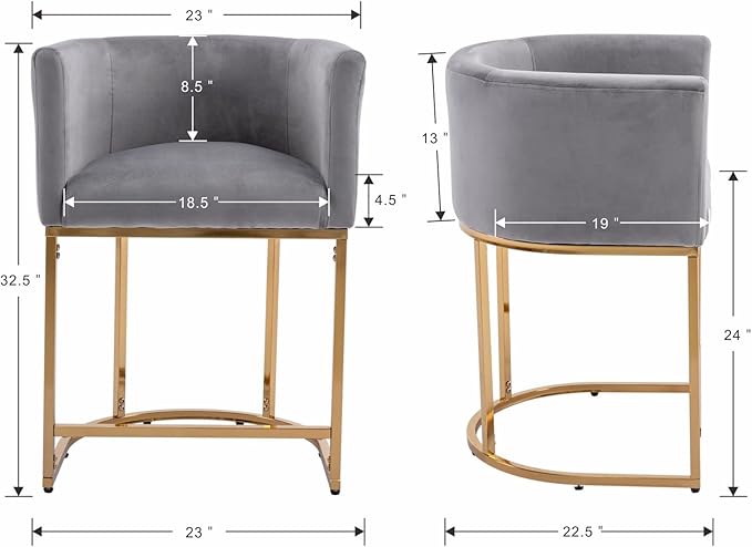 Modern Counter Height Velvet Upholstered Bar Stools Set of 2, 24" Kitchen Counter Island Stools Bar Chairs with Gold Metal Frame for Kitchen Island, Gray