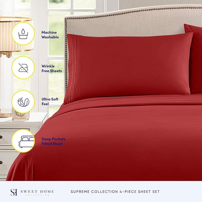 RV Queen Bed Sheets - Breathable Luxury Sheets with Full Elastic & Secure Corner Straps Built In - 1800 Supreme Collection Extra Soft Deep Pocket Bedding Set, Sheet Set, RV Short Queen, Red