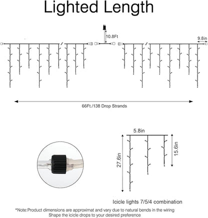 Brightown Christmas Icicle Lights Outdoor, 66 Feet 138 Drops with 736 LED, 8 Modes Waterproof Connectable Twinkle Fairy String Light for Christmas Thanksgiving Hanging Icicles (Warm White)
