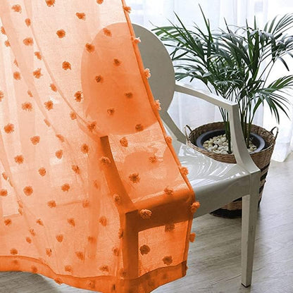 MYSKY HOME Pom Pom Orange Sheer Curtains for Bedroom Girls Room Curtains 72 Inches Long for Nursery Kids Light Filtering Boho Window Drapes, Rod Pocket, 52" Wide, 2 Panels