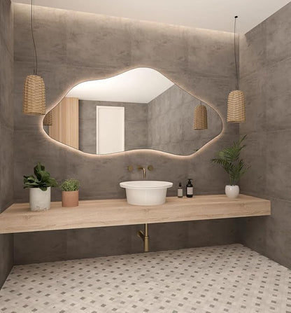 Asymmetrical Bathroom LED Mirror, Modern Irregular Shape Wall Mirror with LED Lights, Frameless Aesthetic Backlit LED Illimunated Vanity Mirror (55" x 27" inc)