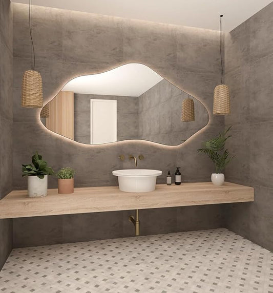 Asymmetrical Bathroom LED Mirror, Modern Irregular Shape Wall Mirror with LED Lights, Frameless Aesthetic Backlit LED Illimunated Vanity Mirror (43" x 21" inc)