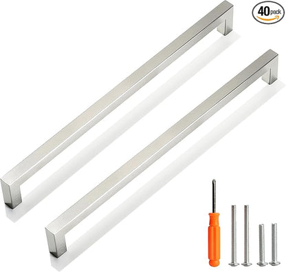 Cabinet Pulls Brushed Nickel Cabinet Handles Square Drawer Pulls, 40 Pack 11-1/3 Inch Stainless Steel Kitchen Door Cupboard Handles, Cabinet Hardware Drawer Handles, 288mm Hole Centers