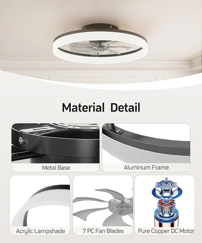 Smart Ceiling Fans with Light and Remote,20'' Low Profile Ceiling Fan with 6-Speed & Dimmable LED, Alexa/APP Home Voice Control, App, Reversible Airflow, App Timer, for Beedroom（Black）