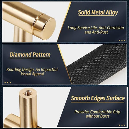 Knurled Cabinet Pulls 12 Pack, 4 Inch Long Cabinet Handles Metal Door Pulls, Kitchen Drawer Pull Knurled Dresser Handles - 3" Hole to Hole, Black & Gold