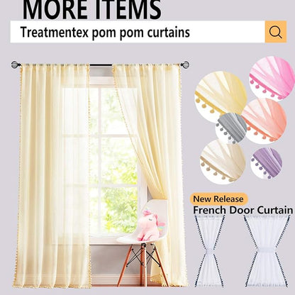 Treatmentex Aqua-Blue Pom-Pom Sheer Curtains for Bedroom Nursery Room 63inches Long Linen Textured Window Sheer Drapes 52" W, 1 Pair, Rod Pocket