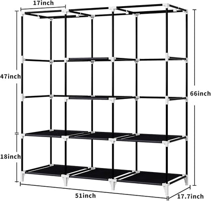 Portable Closet, 51 Inch Wardrobe Closet for Hanging Clothes with 2 Hanging Rods, 8 Storage Organizer Shelves for Bedroom, Durable and Easy to Assemble, Black