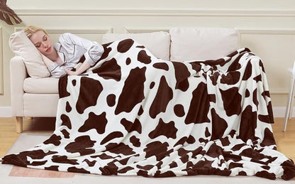 Fleece Cow Print Blanket Queen Size for All Season - Premium Lightweight Anti-Static Super Soft Cozy Plush Cow Blankets for Queen/Full Bed,90" x 90"(Brown Cow)