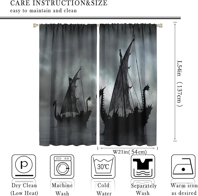 Viking Ship Blackout Curtains,Gloomy Misty Lake Landscape Fantasy Black White Color Sailing Dragon Boat Window Drapes for Boys Girls Bedroom Living Room,Norse Decor 42x54 Inch