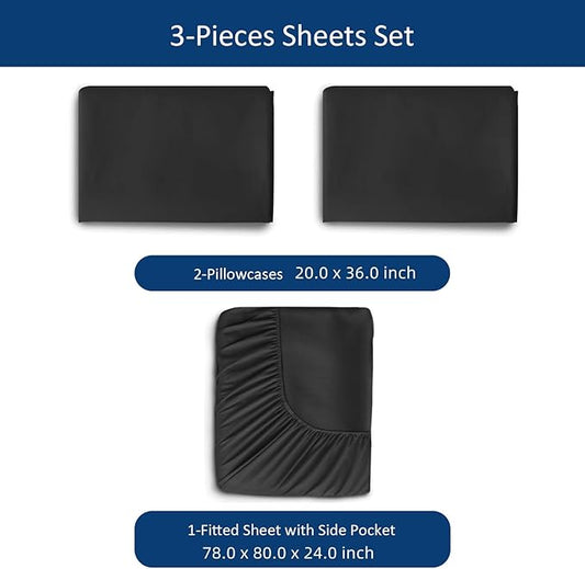 King Size Sheets Set for Air Mattress - Deep Pocket King Sheet Set - 3Pcs Side Storage Pocket Fitted Sheet & Pillowcases Easily Fits 16in to 24in Pillow Top Bed Mattress, Black