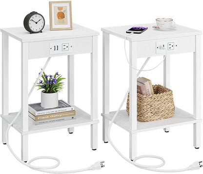 VIMBER Set of 2 End Table with Charging Station, Narrow Side Table with USB Ports and Outlets, Nightstands with 2-Tier Storage Shelves, Sofa Table for Small Space Living Room Bedroom, White UTBT102W2