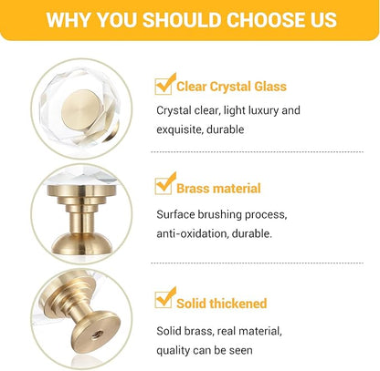2-Pack 1-1/4-Inch White Cabinet Glass Crystal Patterned knob Brass Drawer Dresser Pulls, Gold Hardware Kitchen Closet knobs for Bifold Doors