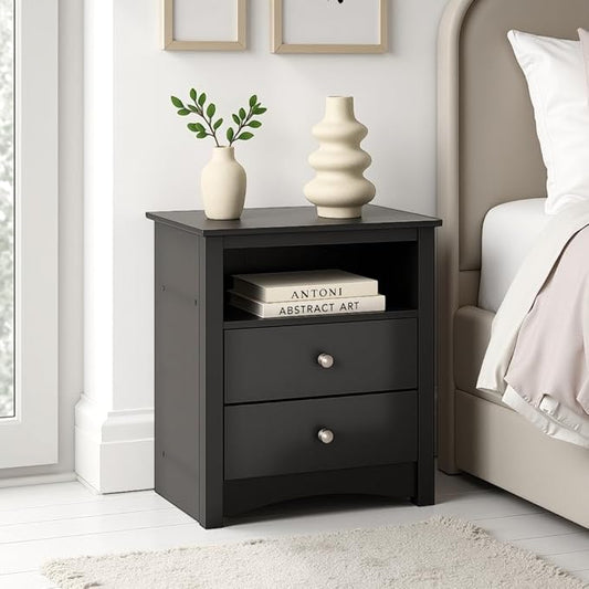 Prepac Sonoma 2 Drawer Nightstand: Elegant Bedroom Furniture, Bedside Table with Open Shelf, 23.25"W x 16"D x 28"H, Black