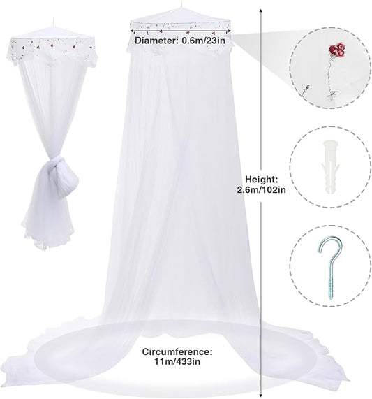 Jeteventy Bed Canopy for Girls, Princess Bed Curtain Net for Single to King Size,Bedroom Decoration of Round Lace Dome with Stainless Steel Hook,Quick Easy Installation (White)