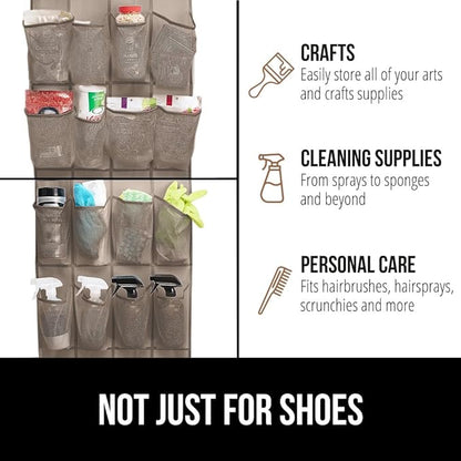 GORILLA GRIP Over the Door Shoe Organizer, 24 Large Breathable Mesh Pockets, Space Saving Hanging Storage Holder, Closet Rack Hanger Holds Up to 40 lbs, Hangs on Closets for Shoes, Accessories, Beige