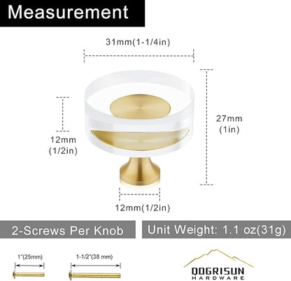 QOGRISUN 15-Pack Brass Crystal Cabinet Knobs,Glass Crystal Gold Drawer Knobs,1-1/4-Inch Round, Decorative Dresser Pulls, Modern Cabinet Hardware