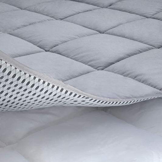 Cooling Mattress Pad Cover, with 100% Cotton Cover and Mesh Shell Underlay, Snow Fiber Filled, Soft, Temperature Regulated, Premium Mattress Protector, Machine Washable (Queen (60x80 inch), Grey)