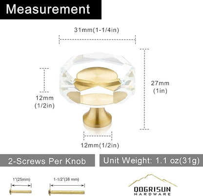 QOGRISUN 15-Pack Brass Crystal Cabinet Knobs, Glass Crystal Gold Drawer Knobs, 1-1/4-Inch Polygon, Decorative Dresser Pulls, Modern Cabinet Hardware