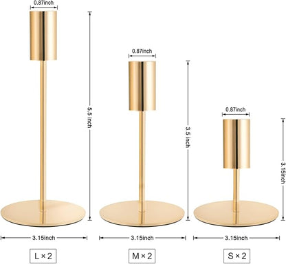 Gold Taper Candlestick Holders,Taper Candle Holders Set of 6,Metal Taper Candle Sticks Stand Holders,Modern Decorative Candle Holders for Wedding Certerpieces,Festive, Mantel,Home,Party