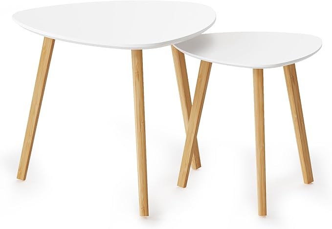 BAMEOS Bamboo Nesting Triangle End Table,Set of 2 Coffee Table Modern Minimalist Side Table for Living Room, Balcony in White