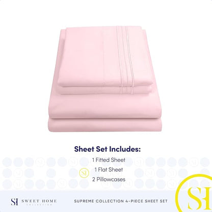 1800 Thread Count Sheet Set – Soft Egyptian Quality Brushed Microfiber Sheets – Luxury Bedding Set with Flat Sheet, Fitted Sheet, Pillow Cases, Queen, Pale Pink, Sheet Set