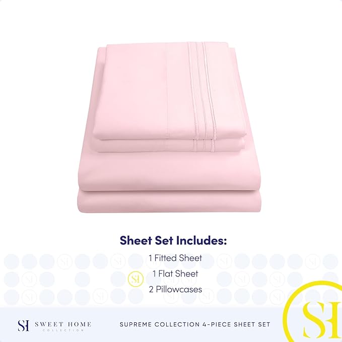 RV Queen Bed Sheets - Breathable Luxury Sheets with Full Elastic & Secure Corner Straps Built In - 1800 Supreme Collection Extra Soft Deep Pocket Bedding Set, Sheet Set, RV Short Queen, Pale Pink