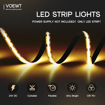 COB LED Strip Lights Daylight White 6000K,32.8ft 24V High CRI 95Ra+ Super Bright,Flexible Tape Lights for Bedroom,Mirror,Kitchen Cabinet, Living Room(Power Supply Not Included)