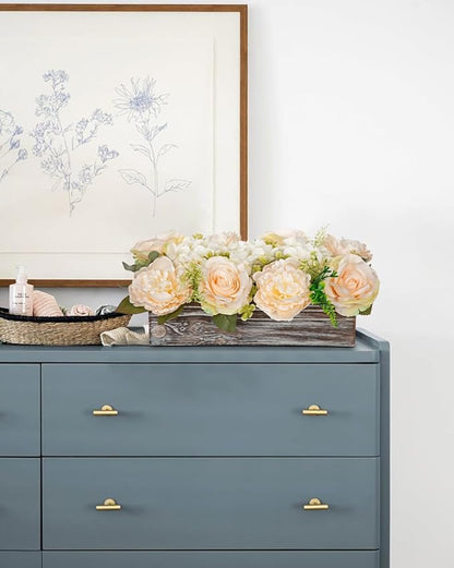 DILATATA Flower Arrangement with Wooden Vase 14" Artificial Flowers in Pot - Fake Flowers Roses Peonies Hydrangeas in Wooden Vase Potted Flower Centerpieces for Table Decor Living Room - Pale Yellow