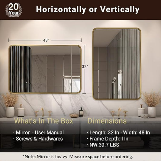 ANDY STAR 48x32 Inch Gold Bathroom Mirror, Brushed Gold Mirrors for Wall in Anti-Rust SUS304 Tube Metal Frame, Rounded Rectangle Mirrors 1’’ Deep Wall Mounted Vertically/Horizontal for Bathroom