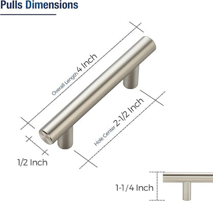JOY DECOR 3 Pack Cabinet Handles, Brushed Nickel Cabinet Pulls, 2-1/2 in Hole Center Kitchen Cabinet Handles, Stainless Steel T Bar Handles for Dresser Drawers