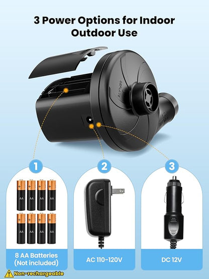 Air Mattress Pump, 3 Ways Powered Portable Electric Air Pump with 3-Nozzle AC 110V, DC 12V, Battery Operated Quick-Fill Inflator Deflator for Inflatable Pool Float Air Bed Boat Swimming Ring