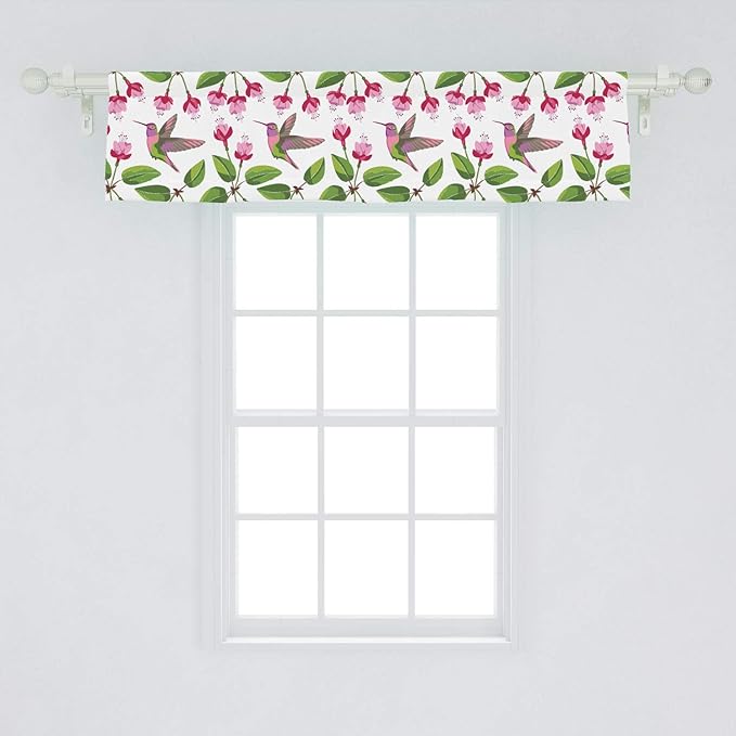 Lunarable Hummingbird Window Valance, Retro Arrangement Exotic Animal Pattern Needlework Inspired Illustration, Curtain Valance for Kitchen Bedroom Decor with Rod Pocket, 54" X 12", Pink Green