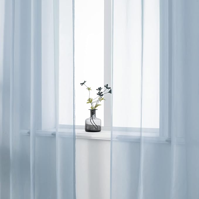 DUALIFE Dusty Blue Sheer Curtains 96 Inch Length for Living Room Decor Set of 2 Panels Grommet Window Look Semi Sheer Transparent Grey Blue Sheer Curtains for Bedroom 52x96 Inches Long Stone Blue