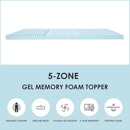 Mellow 3 Inch 5-Zone Memory Foam Mattress Topper, Cooling Gel Infusion, Dorm Essentials, Full Blue