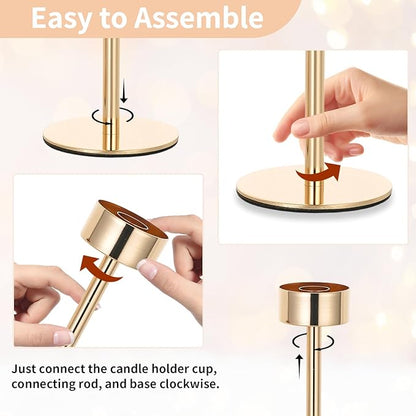 NUPTIO Candle Stick Holder for Wedding: 18 Pcs Tall Hurricane Gold Candles Holder with Clear Glass Chimney Cover - Tapered Candlestick Decor Bulk for Party Centerpiece