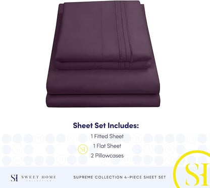Split King Sheets - Breathable Luxury Sheets with Full Elastic & Secure Corner Straps Built In - 1800 Supreme Collection Extra Soft Deep Pocket Bedding Set, Sheet Set, Split King Size, Purple