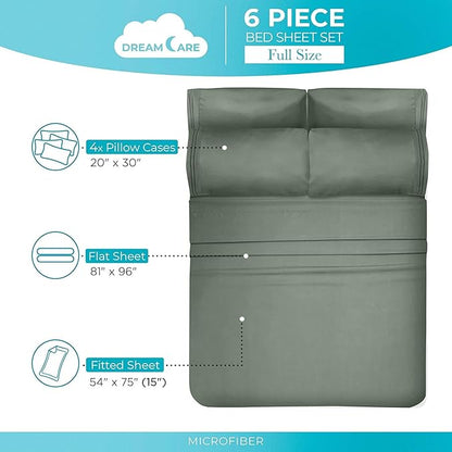 DREAMCARE Full Size Sheets Set - 6 Pcs Deep Pocket Cooling Bed Sheets - Soft, Long Lasting 100% Brushed Microfiber with Side Pocket (Sage Green, Full)