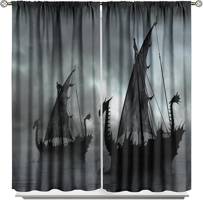 Viking Ship Blackout Curtains,Gloomy Misty Lake Landscape Fantasy Black White Color Sailing Dragon Boat Window Drapes for Boys Girls Bedroom Living Room,Norse Decor 72x63in