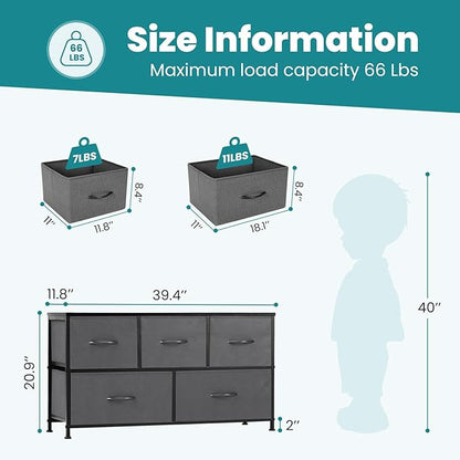 OLIXIS Dresser for Bedroom with 5 Drawers, Wide Chest of Drawers, Fabric Bedroom Dresser with Drawer Organizers, Storage Organizer Unit with Fabric Bins for Closet, Living Room, Hallway, Grey