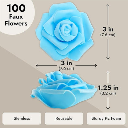 Juvale Faux Flowers for Wedding Decor - 100 Pack, 3-Inch Heads - Blue Silk Flowers - Artificial Roses for Centerpiece Table Decorations & Vase Filler