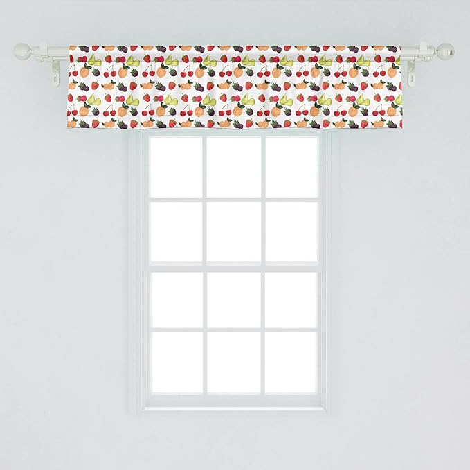 Lunarable Fruit Window Valance Pack of 2, Fresh Natural Themed Pears Cherries Grapes Peach Berry Strawberries Art Image, Rod Pocket Curtain Valances for Kitchen Bedroom, 54" X 12", Green Red
