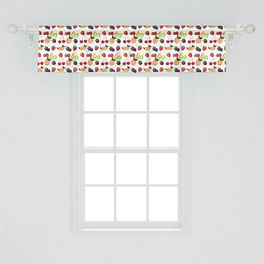 Lunarable Fruit Window Valance Pack of 2, Fresh Natural Themed Pears Cherries Grapes Peach Berry Strawberries Art Image, Rod Pocket Curtain Valances for Kitchen Bedroom, 54" X 12", Green Red