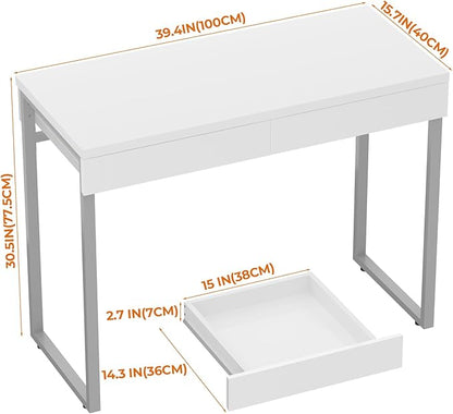 GreenForest Vanity Desk with 2 Drawers,47 inch White Desk with Glossy Desktop Easy Clean,Makeup Dressing Table with Metal Silver Legs for Home Office Small Spaces,Bedroom