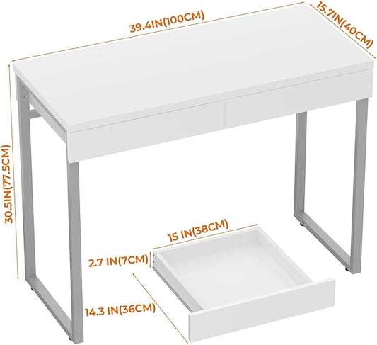 GreenForest Vanity Desk with 2 Drawers,47 inch White Desk with Glossy Desktop Easy Clean,Makeup Dressing Table with Metal Silver Legs for Home Office Small Spaces,Bedroom