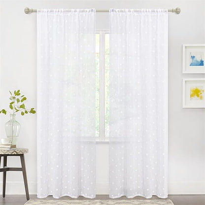 MYSKY HOME White Curtains for Living Room 84 Inch Length Long Pom Pom Curtains for Bedroom Sheer Curtains for Nursery Windows Rod Pocket Privacy Drapes Dining Room 52" x 84" 2 Panels
