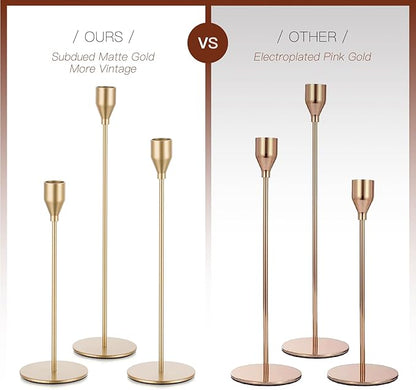 Gold Taper Candle Holders: Tall Candlestick Holder for Table Centerpiece Set of 3 Metal Candles Stick Holders Stand Wedding Decor