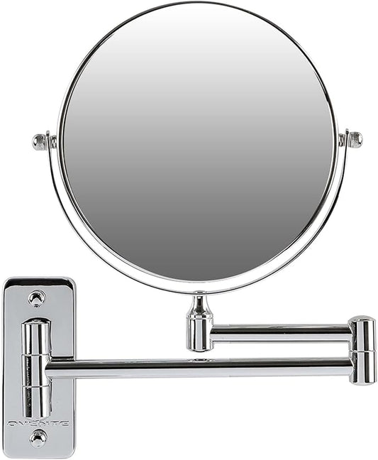 OVENTE 7" Wall Mounted Makeup Mirror with 1X/7X Magnification, Double Sided Magnifying Round Bathroom Vanity Mirror, 360° Swivel Design, Extendable and Folding Arm, Polished Chrome MNLFW70CH1X7X